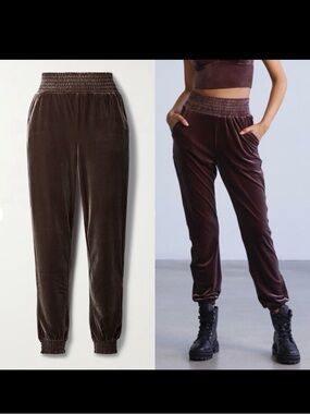 Commando Smocked Velvet High Rise Tapered Track Pants Joggers:  Chocolate Brown